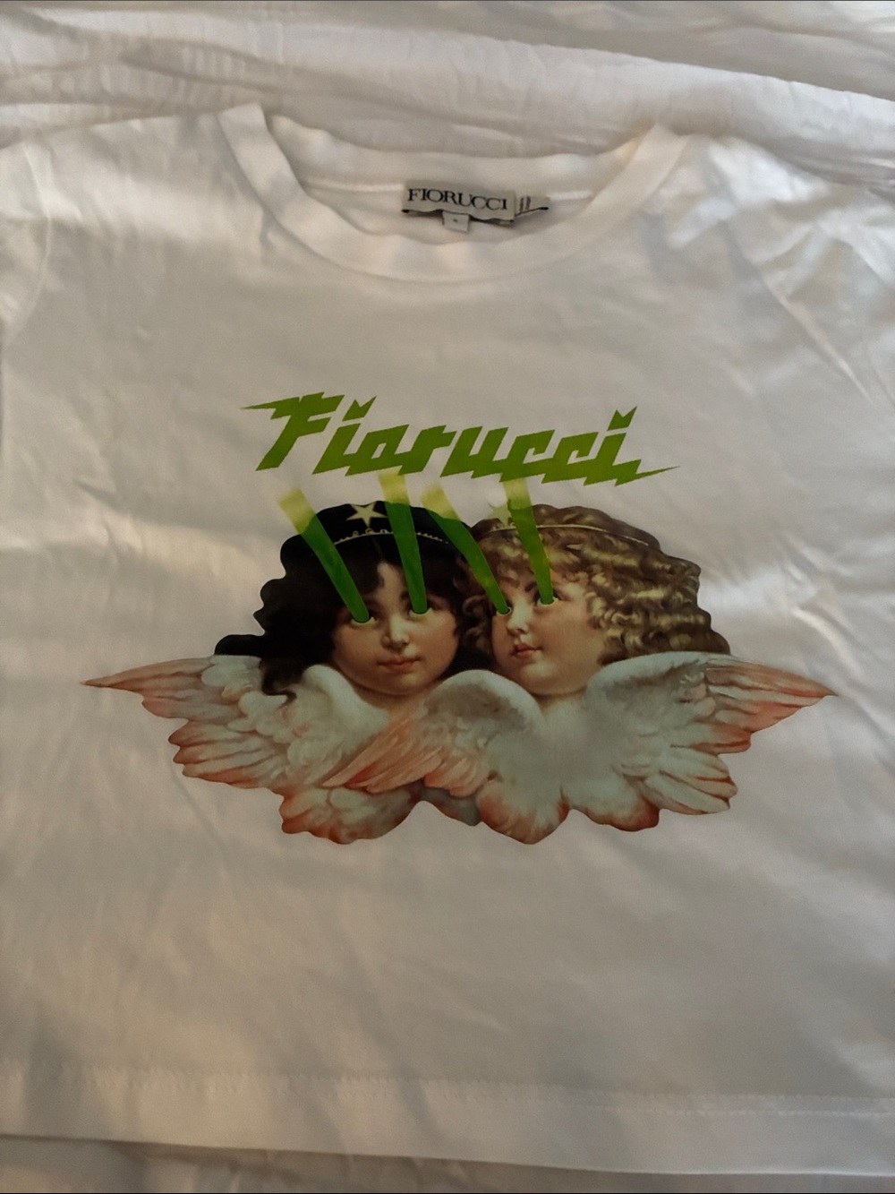 Fiorucci White Tee with Lime Logo and Cherub Graphic